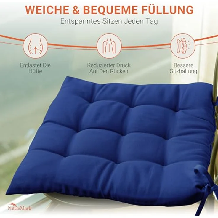 NatureMark 4er Set Stuhlkissen mit Bändern Gr. 40x40 cm Sitzkissen gefüllt, Navy Blau – Bild 6