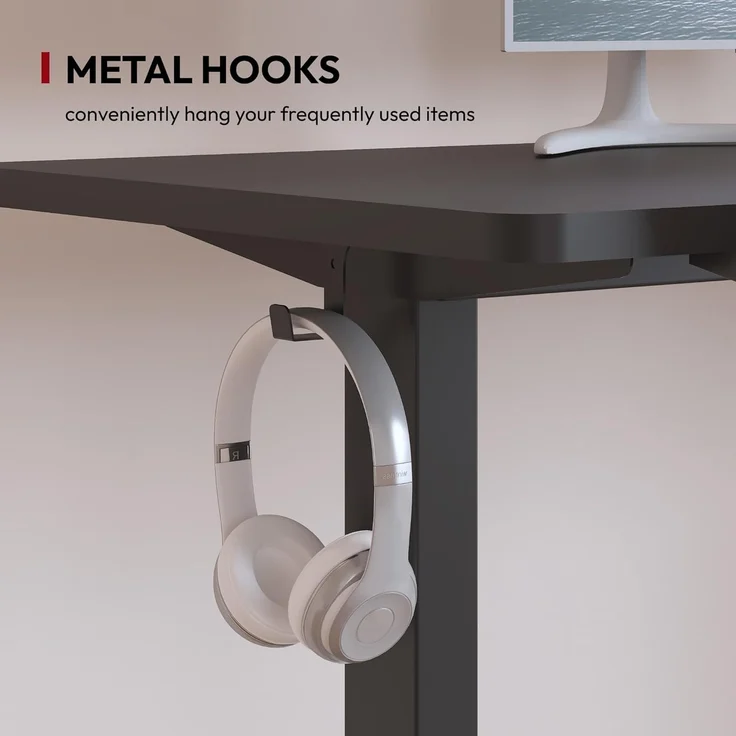 SANODESK Höhenverstellbarer Schreibtisch mit VOLLSTÄNDIGER TISCHPLATTE, 4 Zubehörteilen (Becherhalter, Haken, Aufbewahrungsbox, Kabelmanagement), ergonomisch für Büro und Homeoffice, Schwarz, 110x54CM – Bild 8