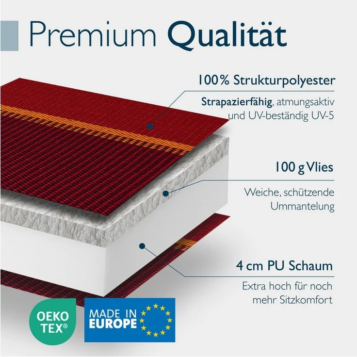 Beautissu Hochlehnerauflage Premium Hochlehner Auflage Kopfpolster Sun Sun-HL, 120x50cm, Rot, Mit Kopfpolster, rutschfest & robust – Befestigungsbänder, UV 5 – Bild 4