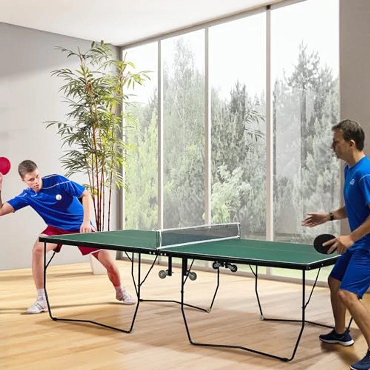 SPORTNOW Klappbarer Tischtennistisch, Indoor Tischtennisplatte mit Rollen, Set mit 2 Schlägern und 3 Bällen, Stahl, Grün, 274 x 152,5 x 76 cm – Bild 2