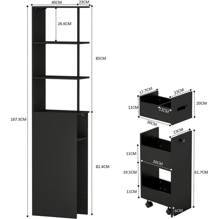 Puluomis Badkommode Badezimmschrank mit Schubladen, Hochschrank schmal (weiß/schwarz) – Bild 4