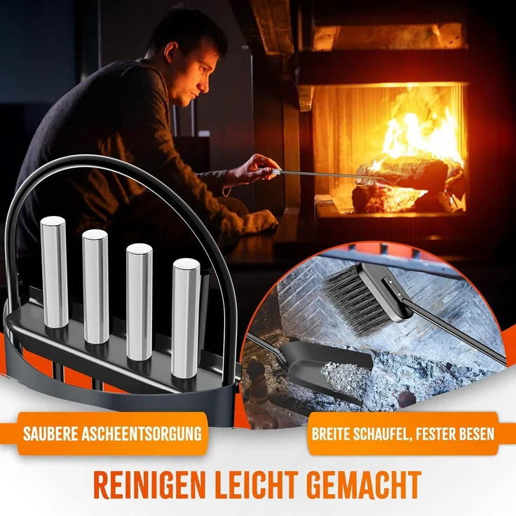 KESSER® Kaminzubehör 5-teiliges Kaminbesteck Set – Modern Design, beschichtet, Hochwertige Kamingarnitur aus 5 Teilen: Besen, Schaufel, Schürhaken, Zange, Ständer mit Sichtschutz Edelstahl Anthrazit – Bild 6