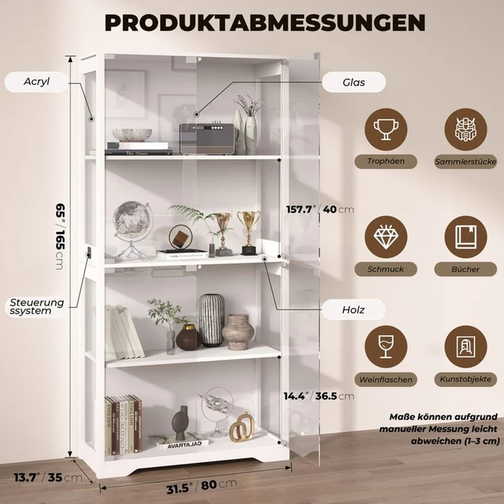 Glasvitrine 80x35x165 cm, 4-stöckige Vitrine mit LED-Beleuchtung, Bewegungssensor und Pop-up-Glastüren, Weiß – Bild 4