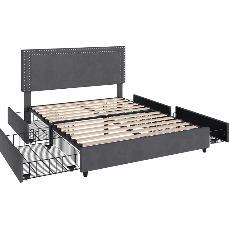 VECELO Polsterbett 140x200 cm Doppelbett mit 4 Schubladen und Höhenverstellbarem Kopfteil, Bettrahmen mit Lattenrost, Gepolstertes Bettgestell, Kein Boxspring erforderlich, Samt, Ohne Matratze, Grau – Bild 7