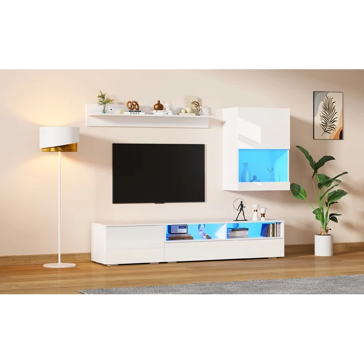 175*39*34cm TV Wohnwand-set mit Vitrine (Komplett-Set, 3-St),Mediawand inkl. TV-Board, Standregal und Wandregal,TV Wohnzimmermöbel-Set mit LED und Hochglanz,TV-Schrank,stehend&hängend,TV bis 80',Weiß--Weiß--84.71x64.64x13.46cm--YOUDENOVA – Bild 4