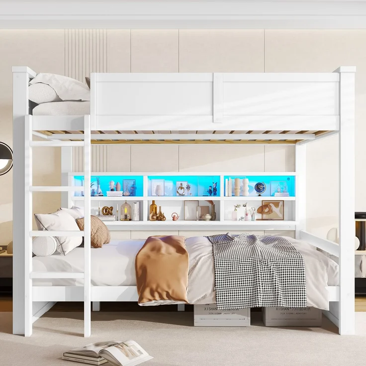 160x200 Etagenbett mit Stauraumschränken und LED-Licht, Weiß – Bild 4