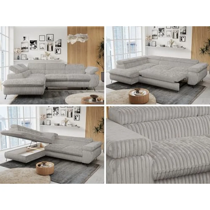 Mks Möbel 'Peter L-form' Ecksofa mit Bettfunktion, Bettkasten & einstellbaren Kopfstützen, Hellgrau, Cord, links – Bild 2