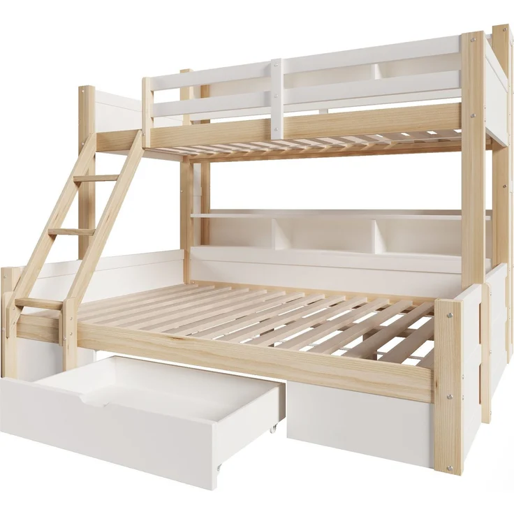 Etagenbett mit 2 Liegeflächen, LED-Beleuchtung, Schubladen, Regal, Rausfallschutz, Lattenrost, 90x200cm/140x200cm, Kinderbett, Massivholz – Bild 10