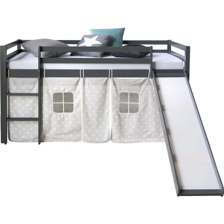 Hochbett mit Matratze 90x200 Rutsche Stockbett Grau Kinderbett Holz Kiefer Vorhang Sterne Lattenrost – Bild 6