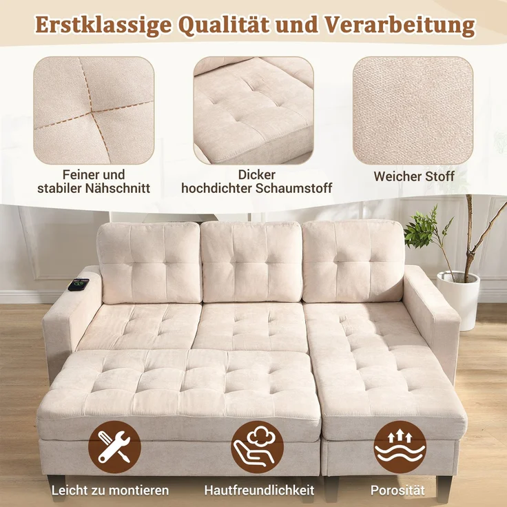 EINHOM L-Form Wohnzimmer-Sofagruppe: Mit extra großer beweglicher Fußbank + LED-Ambiente-Beleuchtung, Dreisitzer-L-Form-Sofa + Zweisitzer-Fußbank-Kombination, Modulares Sofa – Bild 7