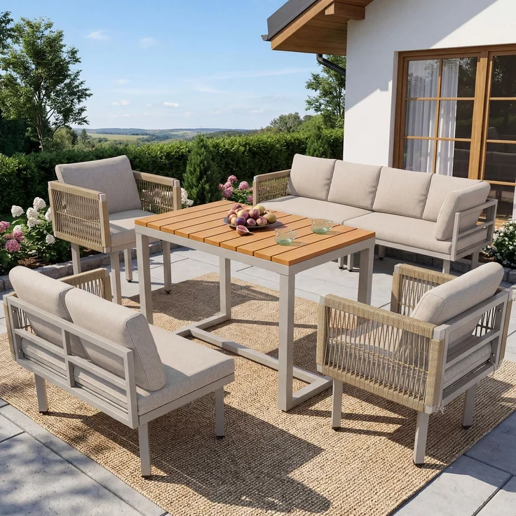 Merax 6-teiliges Gartenlounge-Set, Ecksofa mit 2 Sesseln & Tisch, wetterfestes Stahlgestell, Seilgeflecht-Design, Outdoor Lounge für Balkon & Terrasse, Beige – Bild 2