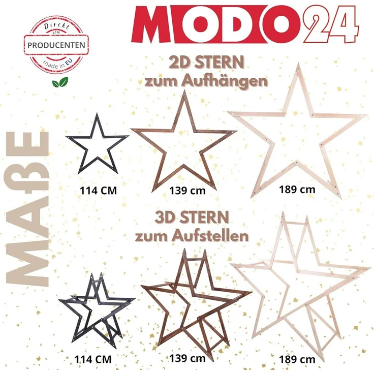 Modo24 Dekostern DIY MODOSTAR Weihnachtsstern Set aus FSC Holz 2D und 3D in 3 Breiten, zum Garten & Terrasse, wetterfest, faltbar & stabil, Weihnachtsdeko – Bild 2