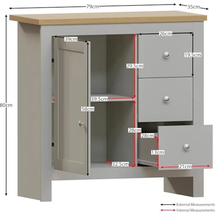 Vida Designs Arlington Sideboard mit 3 Schubladen und Tür Schrank Anrichte Aufbewahrung MDF Möbel Grau – Bild 4