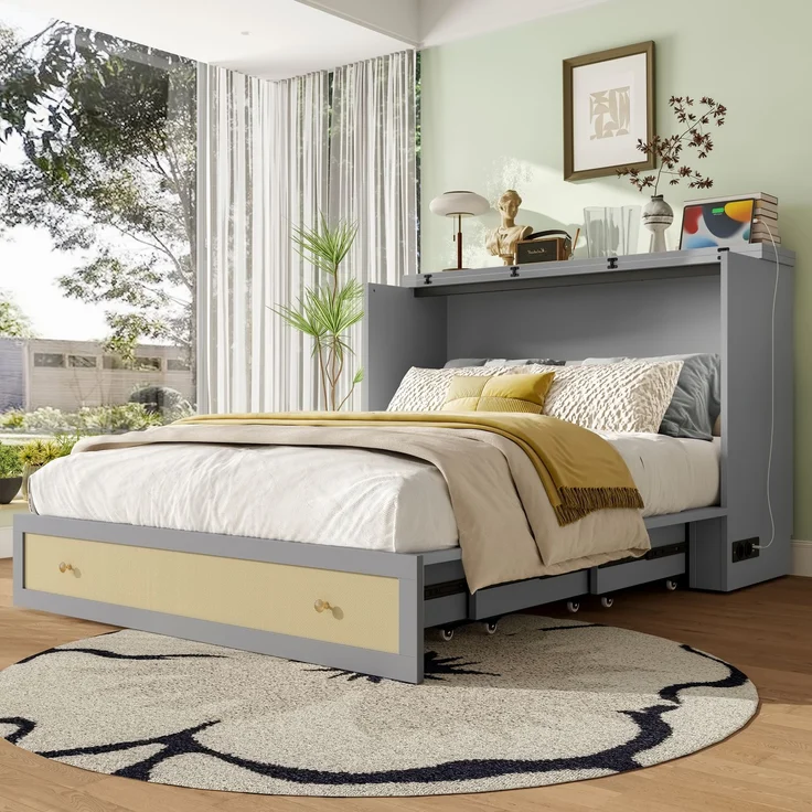 Schrankbett, 140 x 200, Mobiles Schrankbett mit Schubladen am Bettende und Regal am Kopfende des Bettes, mit USB und Steckdose, Umbaubares Plattformbett, Ohne Matratze, Grau – Bild 2