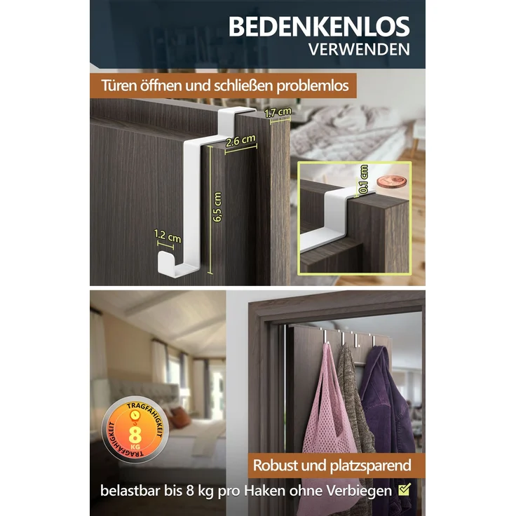 Aurelia Home flache Türhaken für Falztüren innen, 10er-Set, Edelstahl, Weiß – bis 8 kg – Bild 4