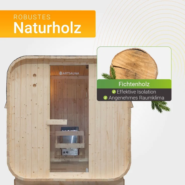 Artsauna Fasssauna Nolvik XL, Outdoor-Sauna aus Fichtenholz, 8 kW Ofen, LED, Komplettset mit Sanduhr, Eimer & Thermometer, winterfest, Cube Design – Bild 3