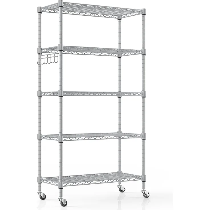 Regal mit 5 Regalböden und Rädern, Robustes Metalldrahtregal mit Haken, höhenverstellbar, für Badezimmer, Küche, Garage (76 x 35 x 158 cm), Silber