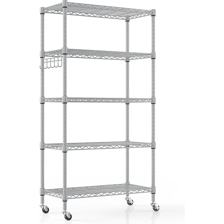 Regal mit 5 Regalböden und Rädern, Robustes Metalldrahtregal mit Haken, höhenverstellbar, für Badezimmer, Küche, Garage (76 x 35 x 158 cm), Silber