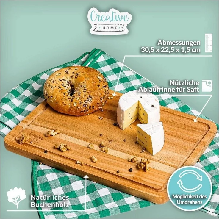 Creative Home Schneidebrett mit Saftrille 30,5 x 22,5 x 1,5 cm Holzschneidebrett Holzbrett Küche, (1-St), mit tiefer Saftrille – Bild 3