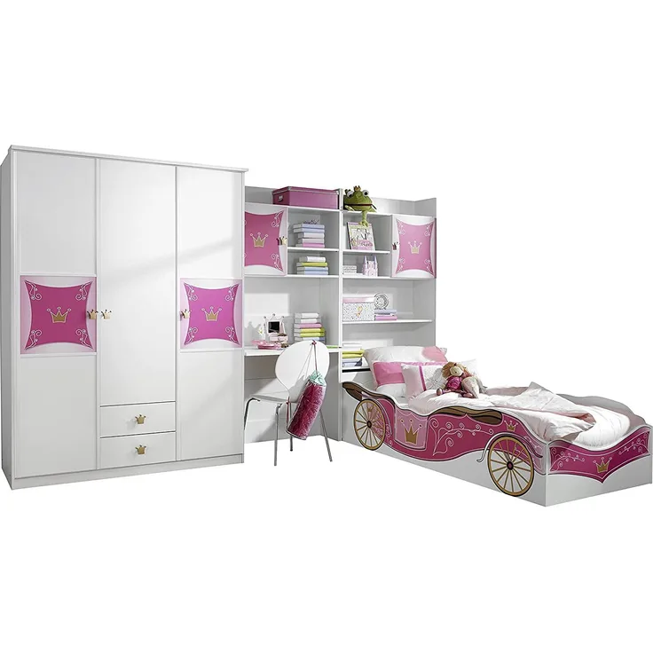 Rauch Möbel Kate Kinderzimmer Mädchenzimmer, Weiß / Motiv Prinzessin, Rosa, Gold, Set bestehend aus Kleiderschrank, Bett, Schreibtisch- und Bettschrank, Gesamtmaße BxHxT 326 x 199 x 238 cm