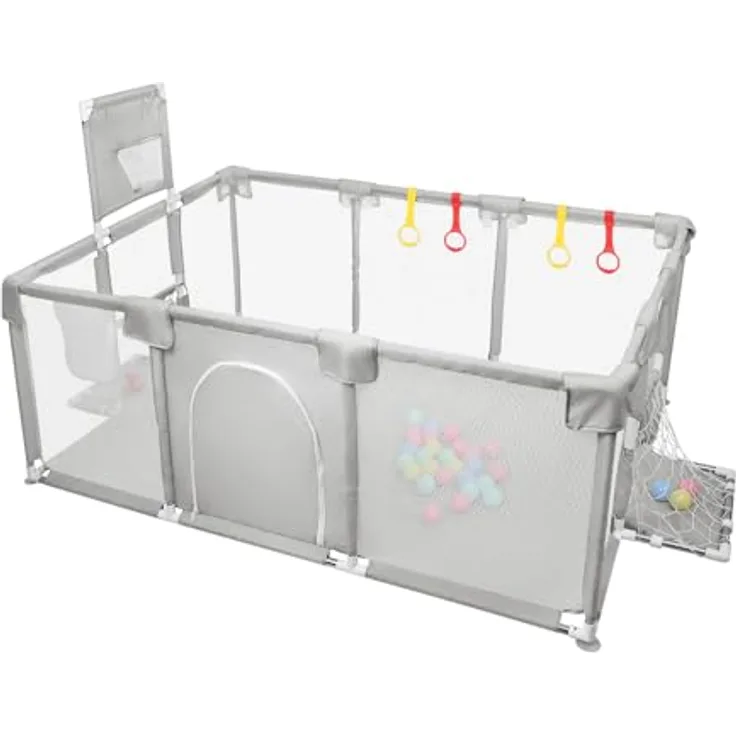Laufstall, XXL, faltbar, modulierbar, für Babys, mit Barrieren/Netzen/Ozeanball/4 Griffen, extra großer Playpen für Babys und Kleinkinder, Laufgitter, 180 x 120 x 66 cm, hellgrau
