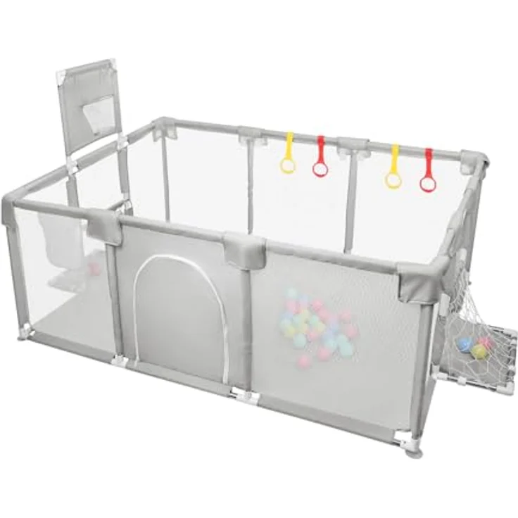 Laufstall, XXL, faltbar, modulierbar, für Babys, mit Barrieren/Netzen/Ozeanball/4 Griffen, extra großer Playpen für Babys und Kleinkinder, Laufgitter, 180 x 120 x 66 cm, hellgrau – Bild 1