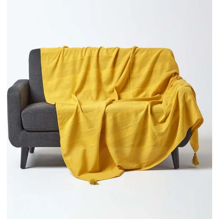 Homescapes Tagesdecke Rajput aus 100% Baumwolle, gelb, 150x200 cm – Sofaüberwurf Überwurfdecke Couchüberwurf in RIPP-Optik
