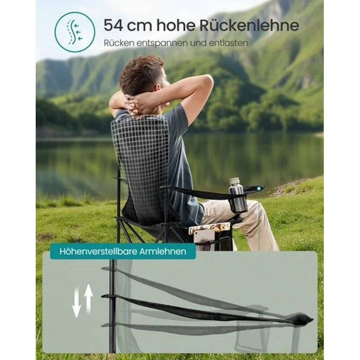 SONGMICS Campingstuhl 2er Set, Klappstuhl Outdoor, Angelstuhl, hohe Rückenlehne, verstellbare Armlehnen, Getränkehalter, klappbar, bis 150 kg belastbar, Camping Garten, tintenschwarz GCBDE028B02 – Bild 4