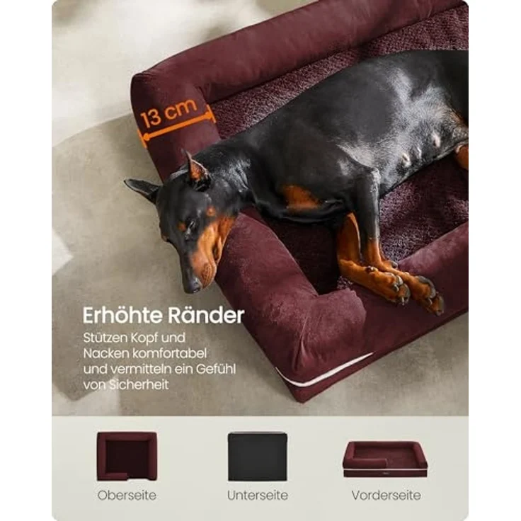 Feandrea Orthopädisches Hundebett, weiche Polsterung, erhöhte Ränder, Bezug abnehmbar und waschbar, rutschfeste Unterseite, beerenrot, 120 x 85 x 20 cm – Bild 4