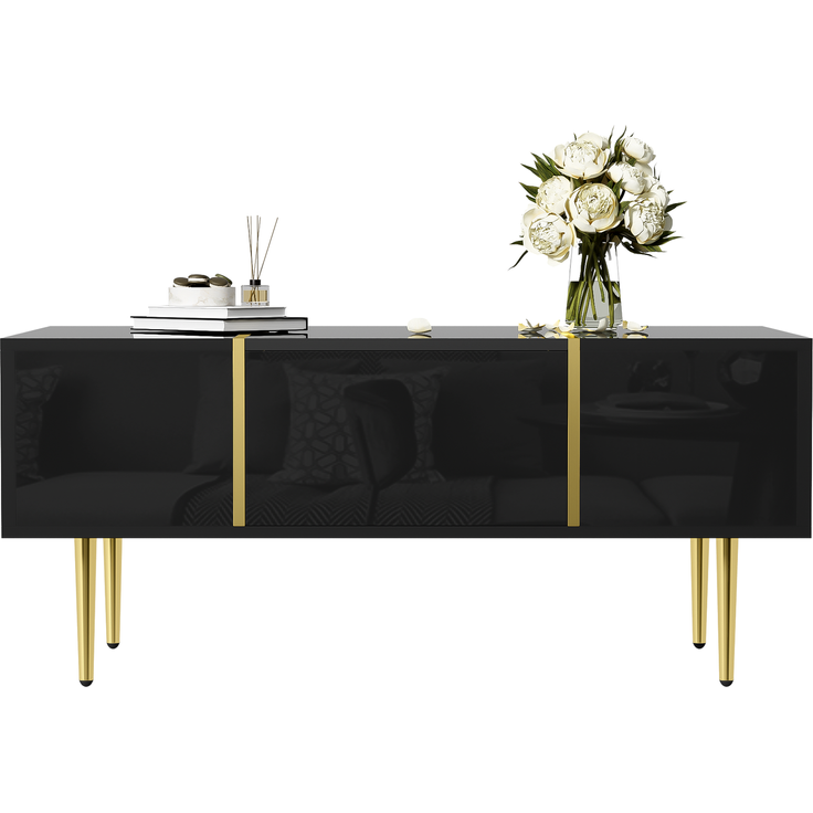 Couchtisch Schwarz Hochglanz mit Gold Akzenten,Sofatisch mit 2 Schubladen Stauraum – Bild 9