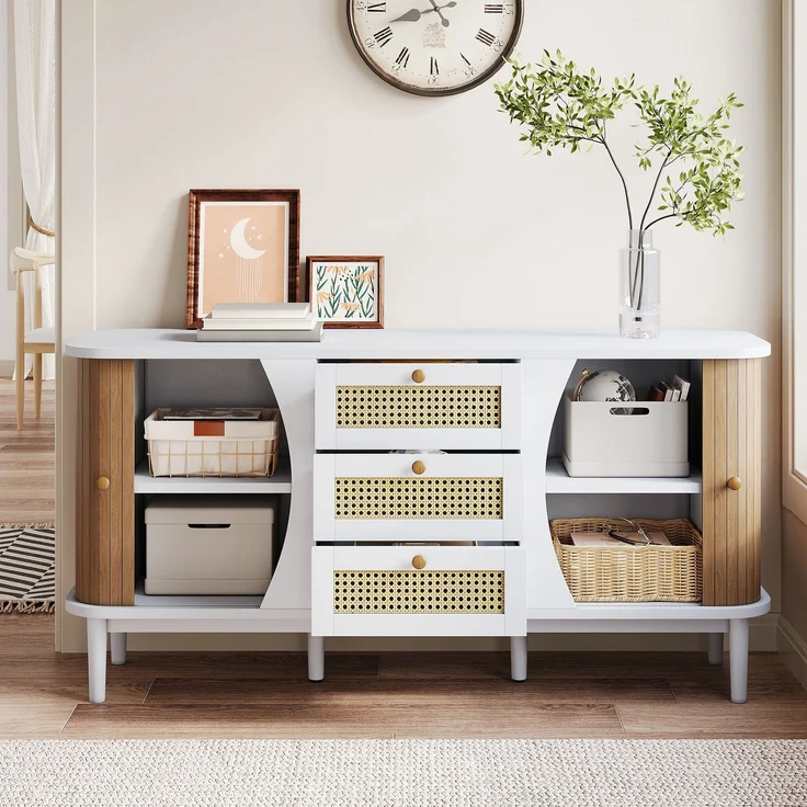 Merax Sideboard, Rattankommode, Kommode mit Schiebetüren, verstellbaren Einlegeböden, gewölbter Platte – Bild 2
