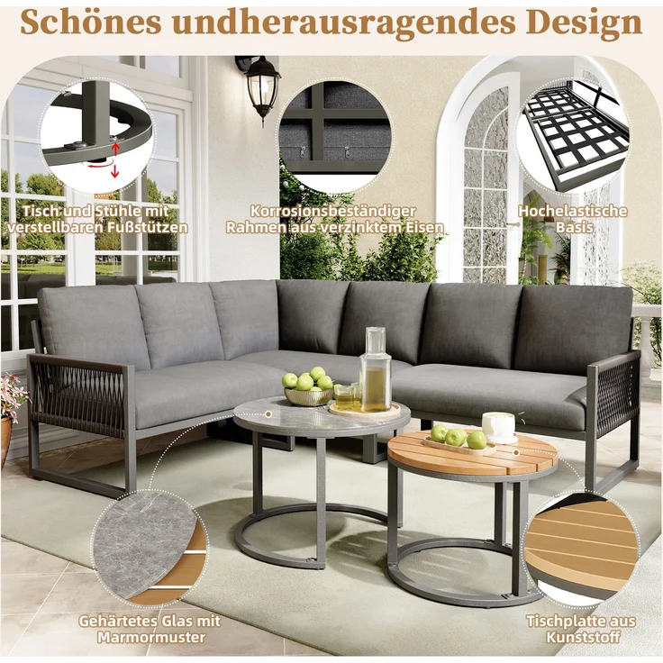 Garten-Lounge-Set, Möbelset für 6-7 Personen, Ecksofa mit verzinktem Eisengestell, verstellbare Beine, inklusive aller Sitz- und Rückenkissen, grau--Herde--69.85x62.23x40.01cm--YOUDENOVA – Bild 8