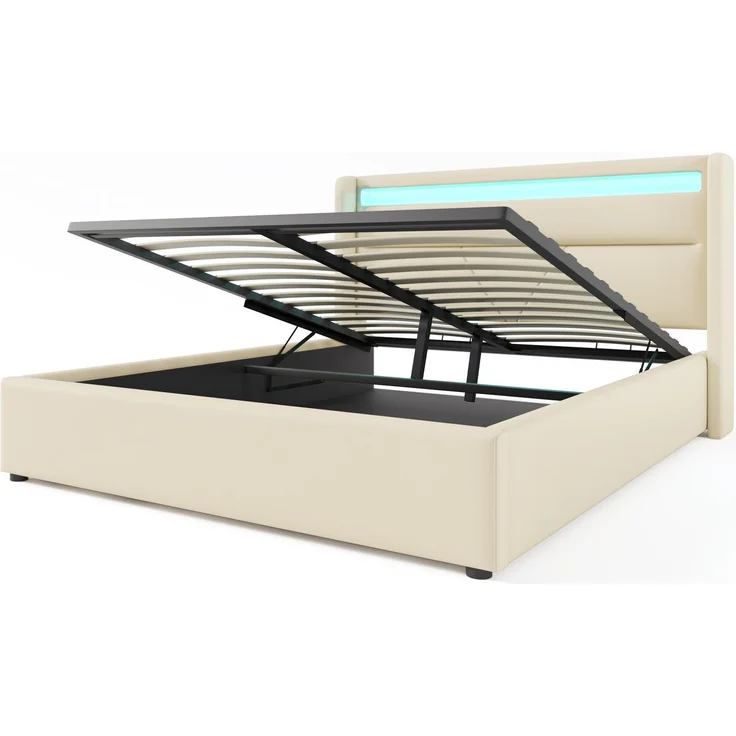CHICFURN Polsterbett aus PU, Weiß, 160x200 cm, mit hydraulischem Stauraumbett und LED-Beleuchtung – Bild 8