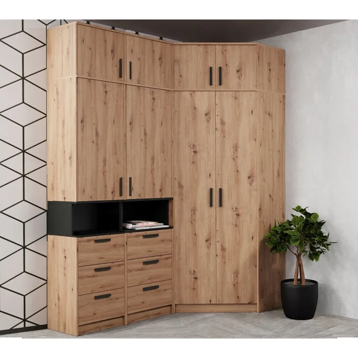 Marmex Möbel Grant 14A Ein Schrank-Set, zwei Büchrregale, Eckkleiderschrank, Schlafzimmer-Set, laminierte Spanplatte, artisan Eiche + schwarz, 143x235x143 cm