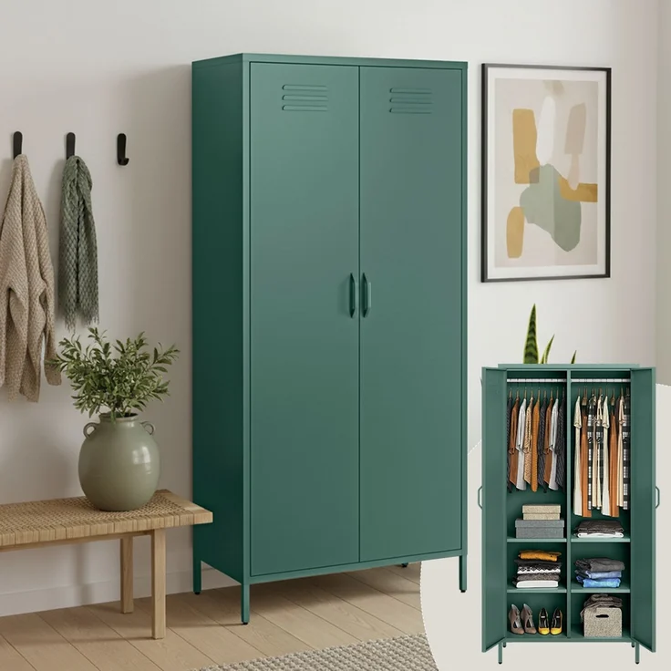 skølm 'Atria' Kleiderschrank, Metall, 170x45x80 cm, dunkelgrün, Garderobe mit 4 Fächern und 2 Kleiderstangen – Bild 1