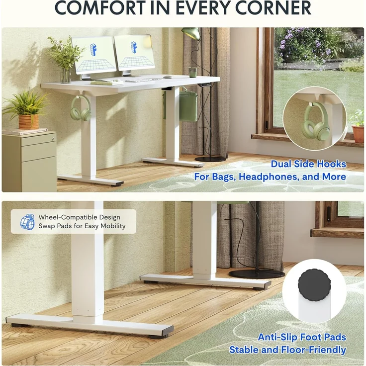 FLEXISPOT Höhenverstellbarer Schreibtisch 140×80cm, mit Haken und 25mm EINTEILIGER Tischplatte, ergonomischer Schreibtisch mit LED-Höhenanzeige und Memory-Funktion (Weiß, Mousseweiß) – Bild 8