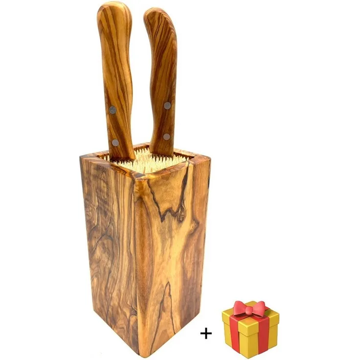 Olivenholz-erleben Messerblock DESIGN eckig, aus Olivenholz (1tlg), Flexible Holzspieße für sichere und schonende Messeraufbewahrung
