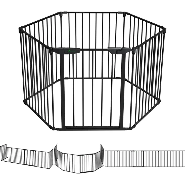 VOUNOT Kaminschutzgitter Freistehend mit Tür, 375cm inkl. 6 Elementen, Ofenschutzgitter Metall für Kinder, Kamingitter Ofengitter Kinderschutz, Laufgitter Laufstall Absperrgitter Baby, Schwarz