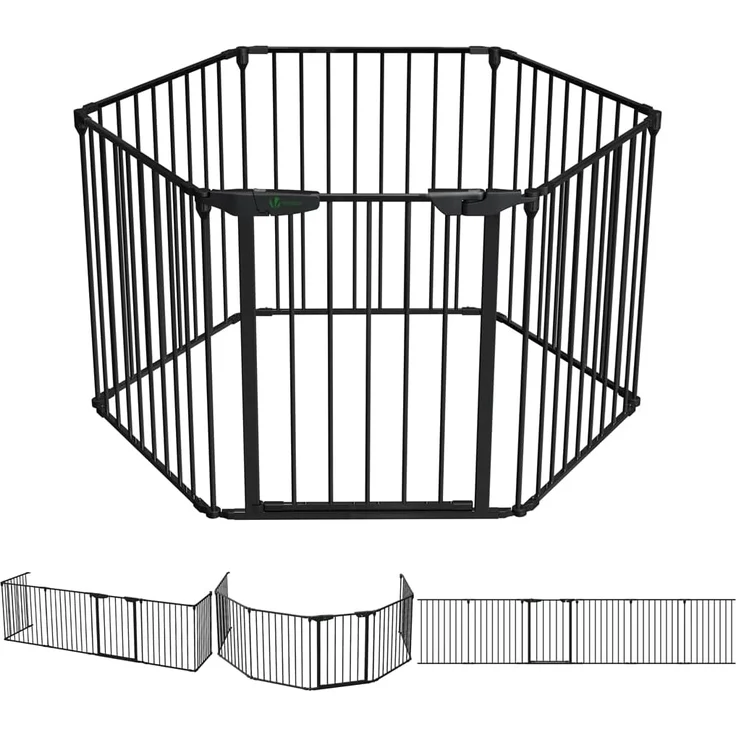 VOUNOT Kaminschutzgitter Freistehend mit Tür, 375cm inkl. 6 Elementen, Ofenschutzgitter Metall für Kinder, Kamingitter Ofengitter Kinderschutz, Laufgitter Laufstall Absperrgitter Baby, Schwarz