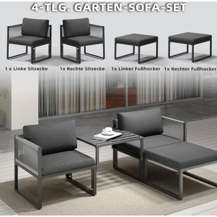 Melko Sitzgruppe Möbelset Aluminium Balkon Set wetterfest Gartenmöbel Sitzgarnitur, (inkl. höhenverstellbare Füße, 4-tlg, Aluminiummöbel), Hocker kann je nach Bedürfnissen als Tisch oder Liege verwendet werden – Bild 7