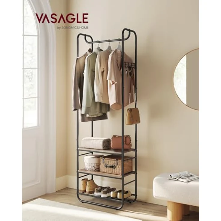 VASAGLE Garderobenständer, Garderobe, Kleiderständer, mit Schuhablage, Schuhregal, Flur, Schlafzimmer, 58 x 28 x 181 cm, skandinavisch, tintenschwarz-kamelbraun HSR081K01 – Bild 3