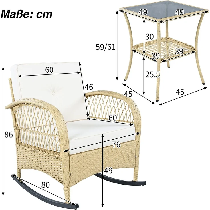 Balkonset mit 1 quadratischem Glastisch und 2 Schaukelstühlen, 3-tlg, Loungeset, Gartenmöbel, Metallrahmen, Polyrattan – Bild 6