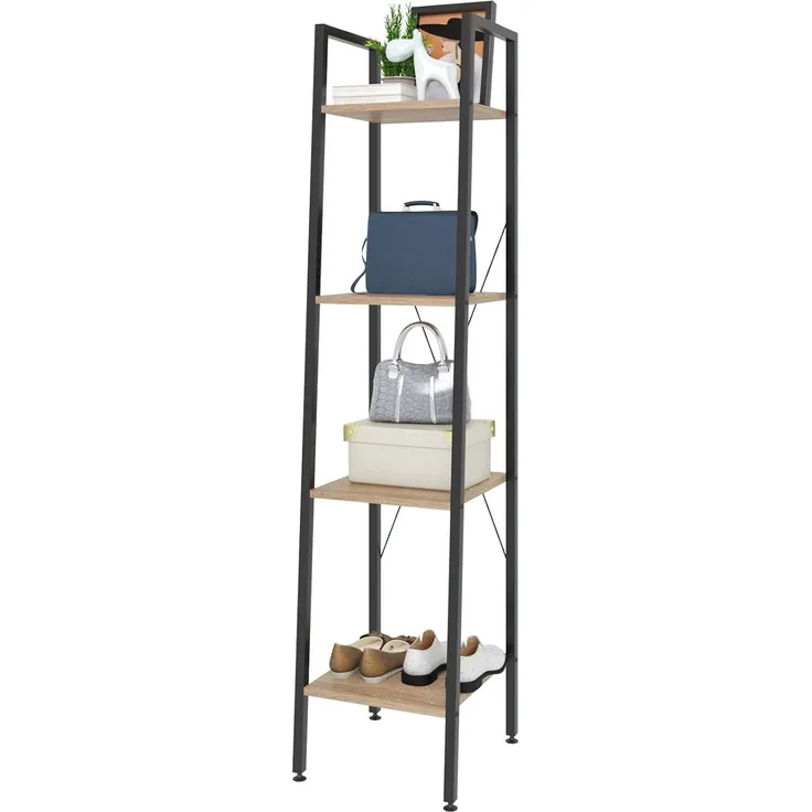 eSituro Bücherregal Leiterregal 4 Ablagen Standregal Aufbewahrung Küchenregal Badregal 34 x 35 x 148CM Schwarz+hell Eiche SSTR0021