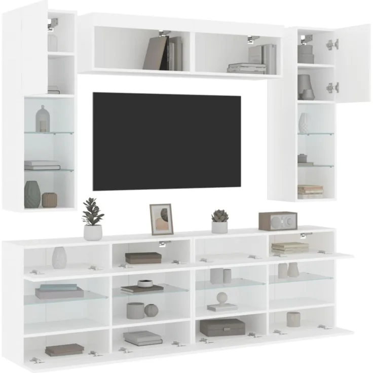 vidaXL 6-tlg. TV-Wohnwand mit LED-Leuchten Weiß 3216797