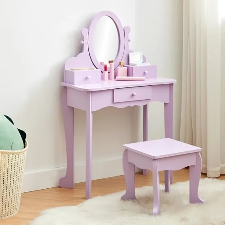 GarveeLife Schminktisch für Kinder, Schminktisch für Mädchen mit Spiegel, Hocker, Schublade, Aufbewahrungsboxen, für Kinder von 3 bis 6 Jahren, Violett