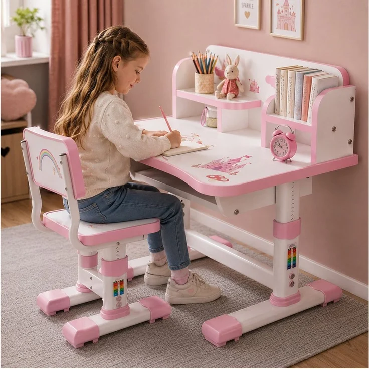 Rutaqian Kinderschreibtisch Kinderschreibtisch mit Stuhl höhenverstellbar, ergonomisches Lernset, Mit Schublade, Bücherfach und verstellbarer Rückenlehne – Bild 1