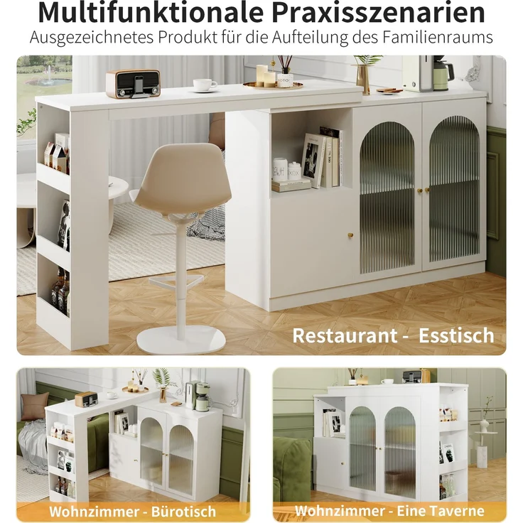 Esszimmerschrank Sideboard Weiß mit 360° Drehfunktion, Changhong-Glas Türen,Aufbewahrungsschrank mit Regalen und Schubladen – Bild 8
