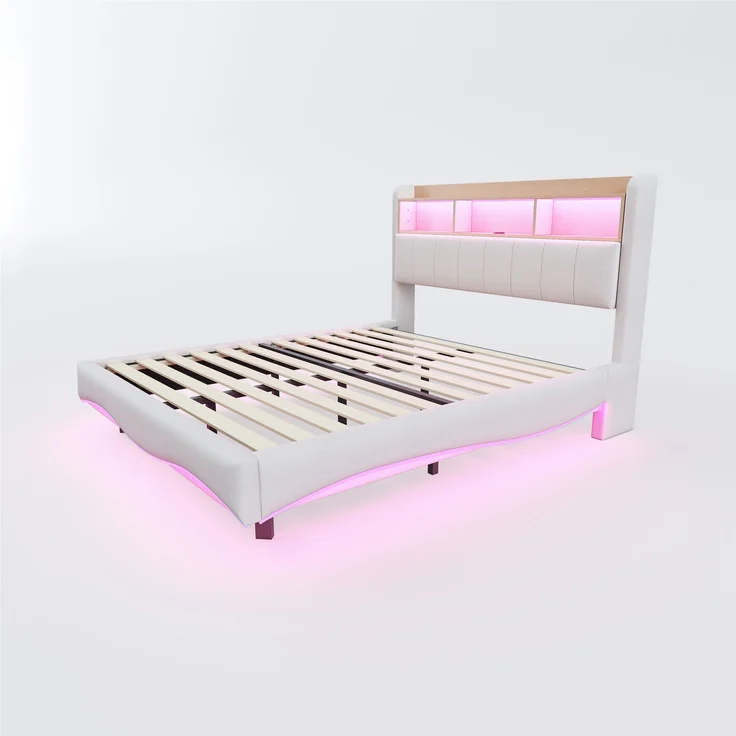 Beiges Schwebebett 160x200 cm Mit LED Beleuchtung Und USB Type C Anschlüssen Doppelbett Mit Stauraum Modernes Design 250 Kg Tragkraft – Bild 9