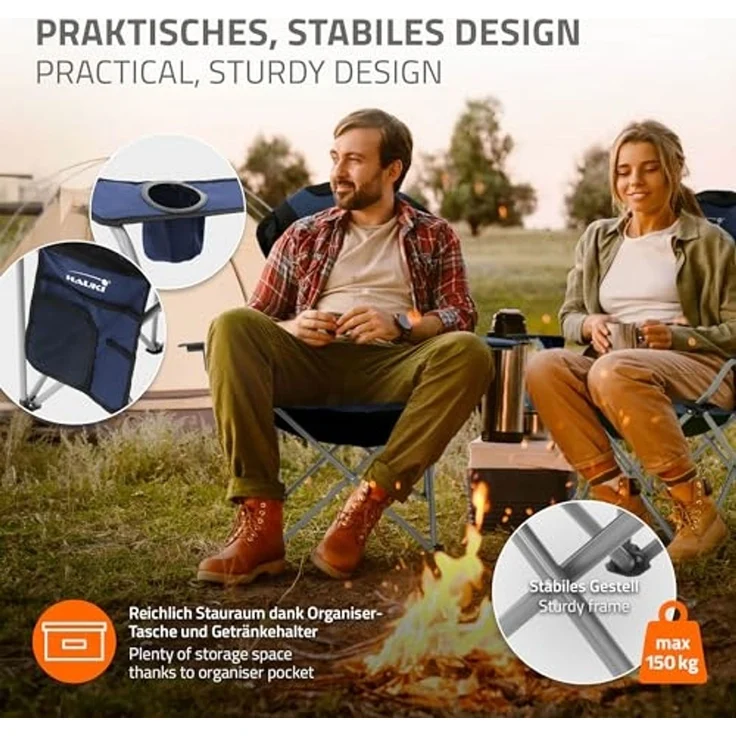 Hauki Campingstuhl Faltstühl faltbar mit Getränkehalter & Tragetasche bis 150kg (2 St), 2x Klappstuhl 56x95x110cm Blau Angelstuhl mit Hochlehner Gepolster – Bild 5