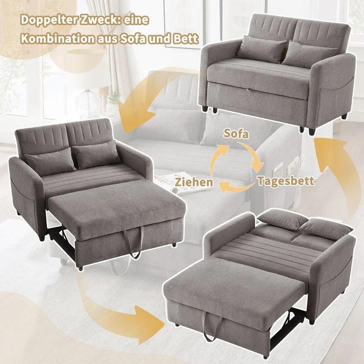 Sofabett 114x77x82,5 cm Grau, ausziehbar mit 3-fach verstellbarer Rückenlehne & Baumwoll-Leinen – Bild 8